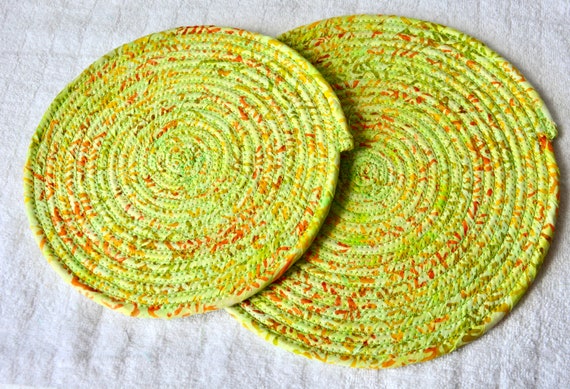 Spring Green Table Mats, 2 Place Mats, Hot Pads, Handmade Batik Fabric Potholders, Trivets, Kitchen Table Topper Runner, Gift for her