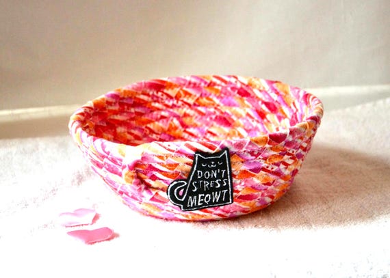 Handmade Pink Fabric Basket, Whimsical Black Cat Key Bowl, Candy Dish