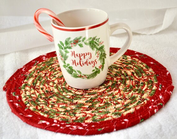 Red Christmas Trivet, 1 Pretty Holiday Fabric Place Mat, 10" Handcrafted Coiled Rope Mug Rug, Christmas Hot Pad, Table Topper