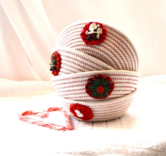 Handmade Red Christmas Bowl, 1 Holiday Candy Dish, Woven Rope Basket