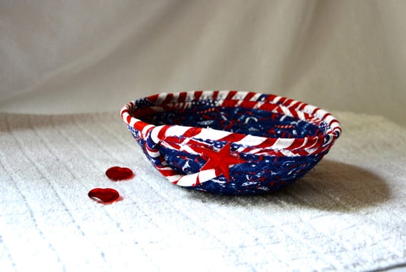 Patriotic Candy Basket, July 4th Bowl, Red White and Blue Decor Bowl, Veteran Gift Basket, Handmade Fabric Rope Basket, Gift for Father him