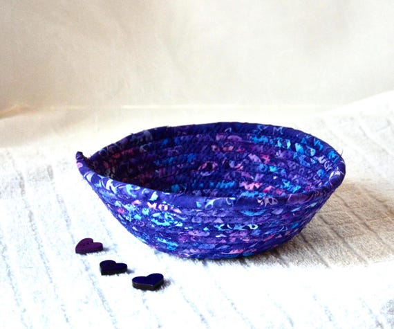 Artisan Batik Fabric Basket, Purple Boho Basket,  Bohemian Candy Dish, 1 Handmade Desk Bowl, Trinket Ring Tray, Gift Basket