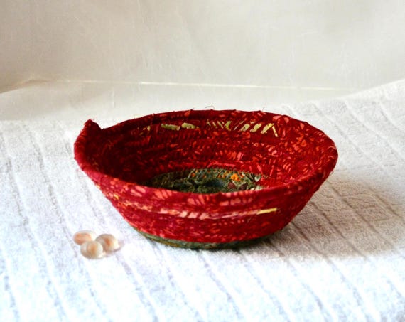 Boho Red Basket, Handmade Key Holder, Bohemian Batik Fabric Bowl, Country Potpourri Holder, Rustic Trinket Ring Dish, Birthday Gift Basket