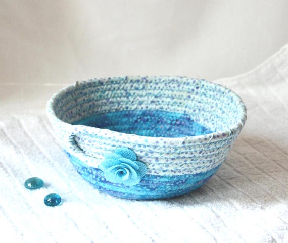 Summer Candy Dish, 1 Handmade Batik Fabric Bowl, Blue Key Holder, Ring Tray, Quilted Cotton Basket, Potpourri Holder, Get Well Gift Basket