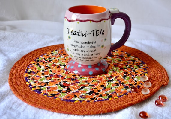 Fall Quilted Place Mat, 1 Handmade Fabric Trivet, Orange Table Mat, Halloween Potholder, Lovely Table Topper, Hot Pad, Orange Place Mat