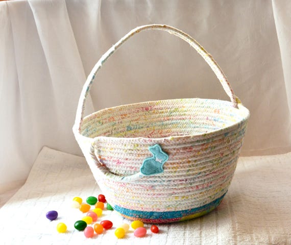 Pastel Easter Egg Hunt Tote Bag, Handmade Batik Fabric Easter Basket with Bunny Accent