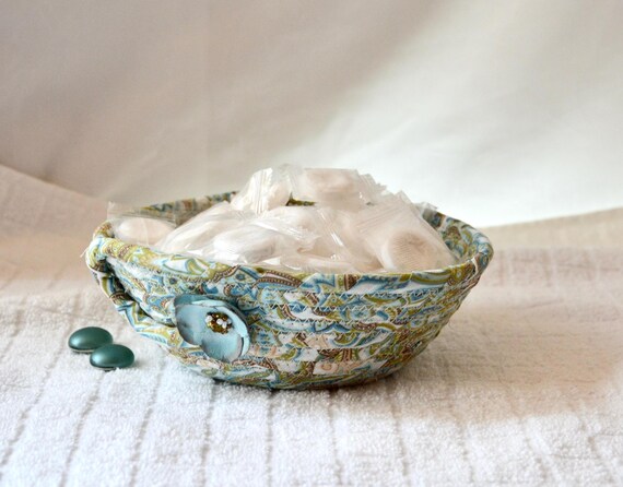 Turquoise Key Basket, Handmade Blue Paisley Fabric Bowl, Beige Potpourri Bowl, Cute Desk Accessory, Candy Dish, Mother Birthday Gift Basket