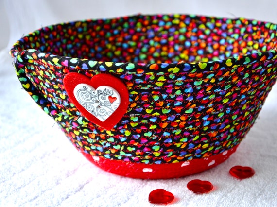 Whimsical Gift Basket, Handmade Heart Basket, Red Party Bowl, Cute Bath Tissue Holder, Fruit Bowl, Napkin Bin, Fabric Rope Basket