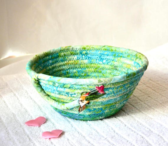 Handmade Hummingbird Basket, Green Batik Fabric Quilted Bowl, Country Desk Decor