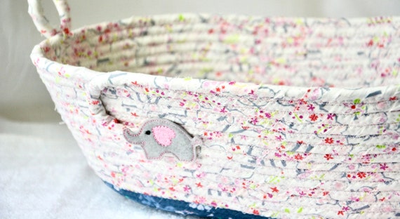 Cute Fabric Rope Basket, Baby Girl Nursery Bin, Pink Diaper Holder, Handmade Fabric Basket, Toy Basket, Baby Shower Present