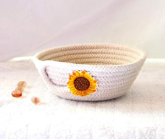 Sunflower Rope Basket: Handmade Coiled Trinket Bowl