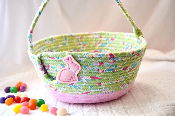 Pastel Green Easter Basket: Handmade Fabric Rope Tote Bag with Pink Bunny