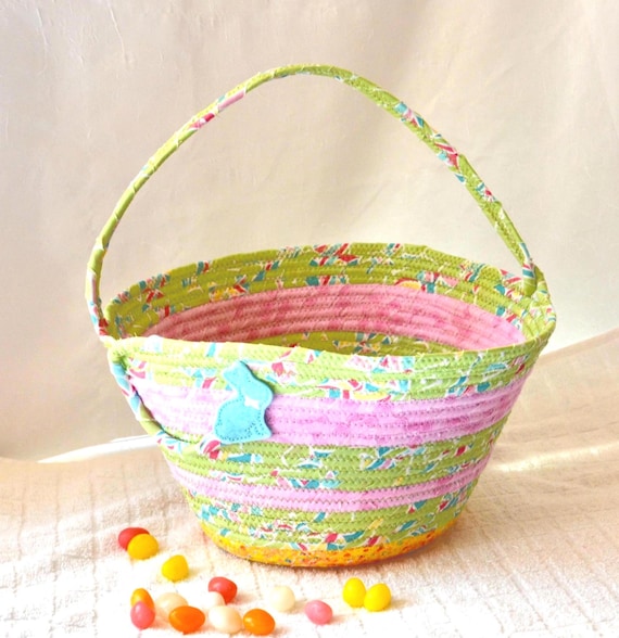 Handmade Pink and Green Easter Basket: Fabric Rope Tote Bag with Bunny