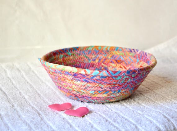 Pink Candy Bowl, Country Cottage Pastel Basket, 1 Handmade Batik Fabric Bowl, Textile Art Gift Basket, Small Ring Dish, Birthday Present