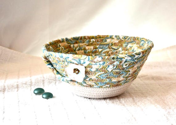 Handmade Turquoise Fabric Basket: Quilted Ring/Key Bowl, Teal Home Decor