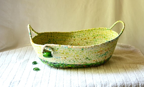 Artisan Batik Basket, Garden Green Gift Basket, Handmade Fabric Rope Basket, Country Bread Basket, Lime Cream Fruit Bowl, Mail Holder