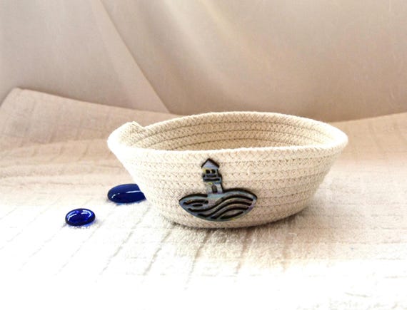 Nautical Rope Basket, Handmade Lighthouse Key Basket, Coastal Coiled Clothesline Basket, Small Candy Dish