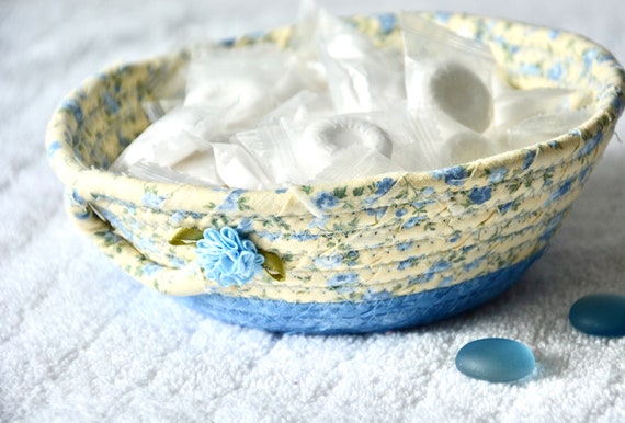 Spring Blue Bowl, Shabby Chic Key Bowl, Small Fabric Basket, Country Ring Dish, Handmade Candle Holder, Hand Coiled Rope Basket