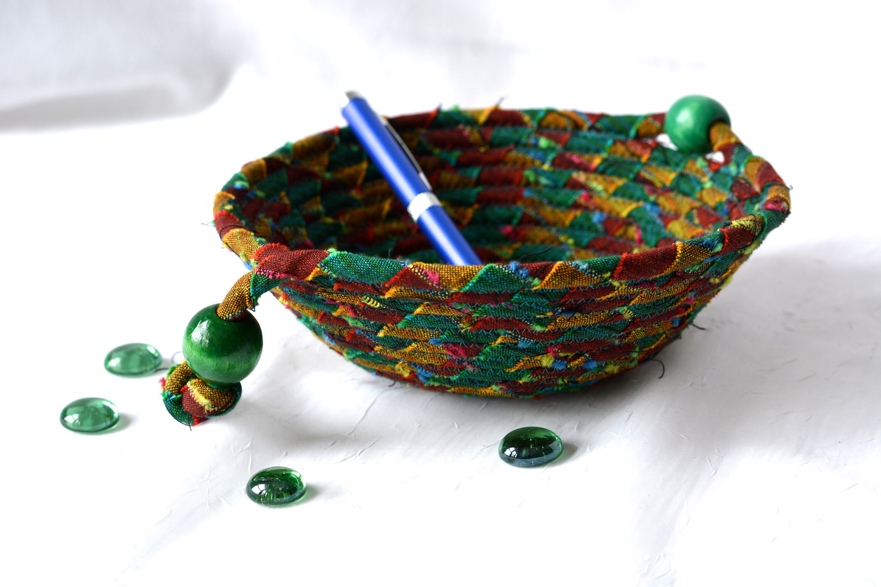 Green Key Basket Coiled Bowl Wallet Holder Country Catchall Bowl Jewelry Catcher Handmade Ring Dish Tray Woven Fiber Bowl