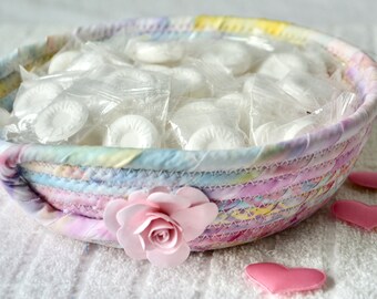 Shabby Chic Candy Bowl, Pink Vanity Bowl, Handmade Batik Fabric Basket, Decorative Bath Soap Holder, Pastel Gift Basket, Ring Dish