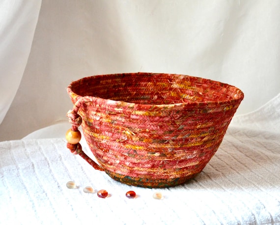 Earth Tone Basket, Artisan Batik Fabric Bowl, Country Cottage Berry Bowl, Handmade Key Holder Basket, Mauve Batik Napkin Holder