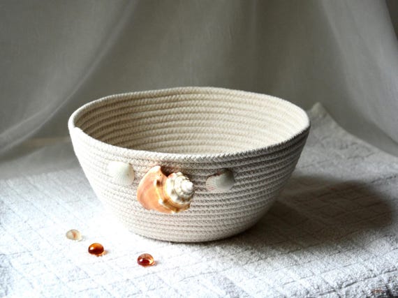 Beach Rope Bowl, Minimalist Clothesline Basket, Handcrafted Shell Basket, Country Cottage Basket, Gift Basket, Gift for her women
