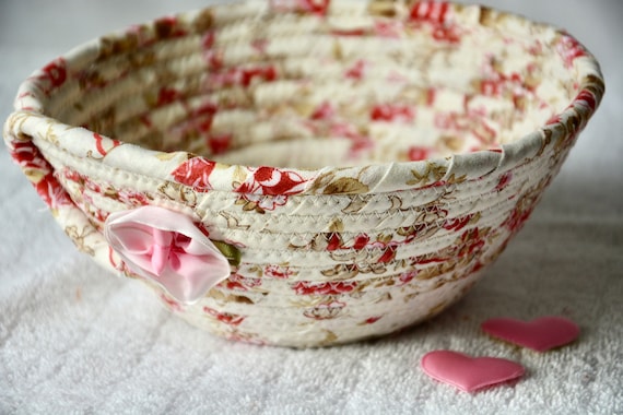 Shabby Chic Rose Basket, Beautiful Victorian Floral Decoration, Handmade Cottage Key Bowl or Napkin Holder, Lovely Thank You Gift Basket