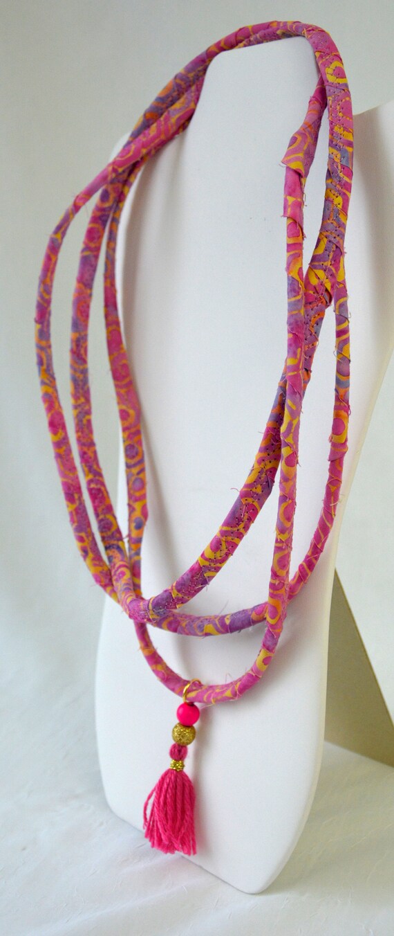 Unique Vaca Cruise Necklace, Handmade Pink Batik Necklace, Mauve Fiber Jewelry, Inifinity Necklace with tassel, Mother's Day Gift