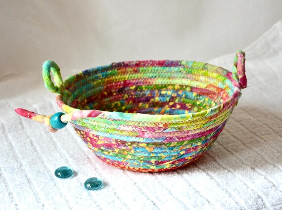 Artisan Boho Basket, Country Cottage Bowl, Batik Fabric Basket, Handmade Bath Soap Holder, Potpourri Bowl, Whimsical Coastal Candy Basket