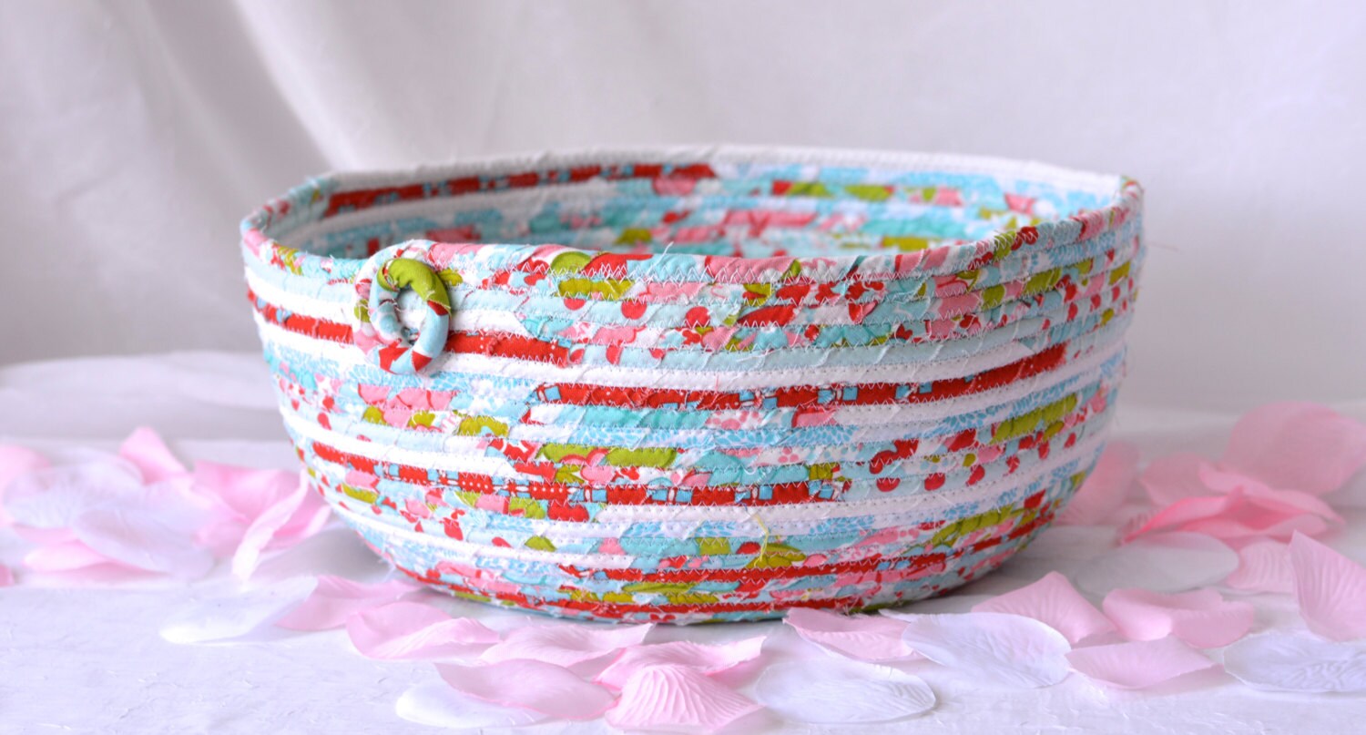 Decorative Picnic Basket, Handmade Fabric Basket, Modern Red and Aqua