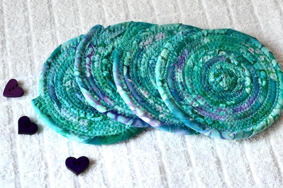 Summer Aqua Coasters, Set of 4, Teal Batik Coaster Set, 4" Handmade Coiled Rope Mug Rugs, Bar Drink Coaster, Turquoise Quilted Drink Mat