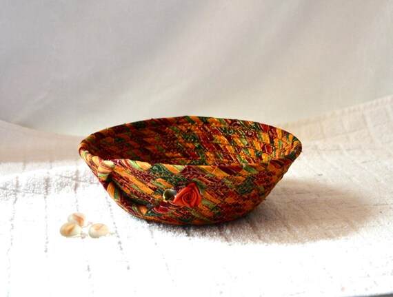 Fall Candy Dish, Earth Tone Basket, Autumn Gift Basket, Country Key Holder, 1 Handmade Trinket Ring Holder, Golden Cottage Fabric Bowl