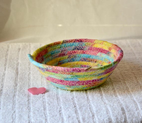 Summer Candy Dish, 1 Pretty Pastel Decoration, Artisan Handmade Batik Fabric Bowl, Pink Key Holder, Trinket Tray, Tutti-Fruiti Cotton Basket