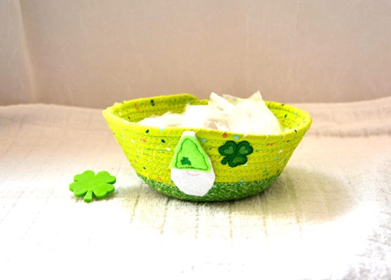 St. Patrick's Day Green Gnome Candy Bowl, Handmade Irish Shamrock Ring Dish, Key Holder