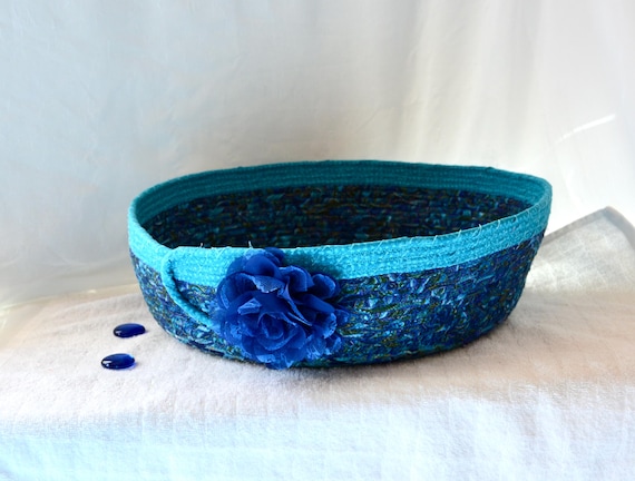 Blue Entryway Basket, Handmade Quilted Fabric Basket, Storage Organizer