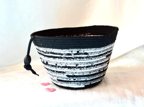 Black Bath Tissue Basket, 1 Handmade Fabric Bowl, Plant Holder, Black and White T-Paper Bin, Office Recycle Basket, Abstract Toy Bin