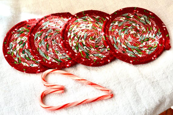 Christmas Fabric Coasters, Set of 4, Red Christmas Coaster Set, 5" Handmade Coiled Mug Rugs, Table Mats, Holiday Hot Pad