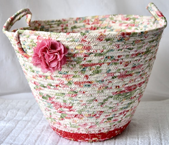 Shabby Chic Rose Basket, Handmade Mauve Floral Basket, Victorian Pink Fabric Bin, Bath Tissue Holder, Pretty Towel Bin