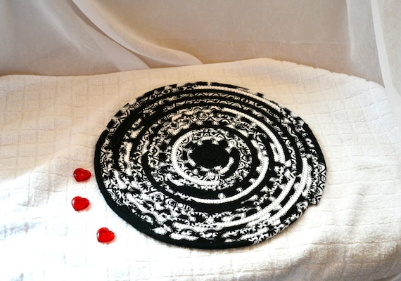 Black Fabric Trivet, 11" Handmade Coiled Rope Trivet, 1 Black and White Place Mat, Table Mat, Quilted Hot Pad