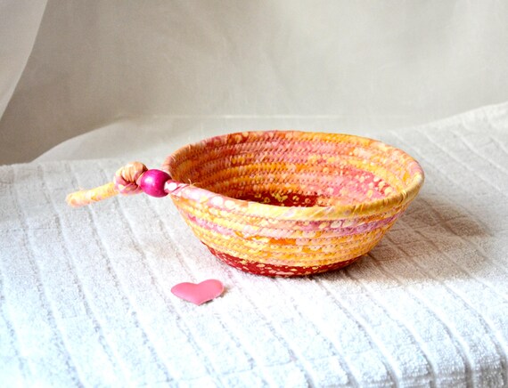Summer Pink Basket, Cute Candy Bowl, Fun Batik Fabric Basket, Handmade Bath Soap Holder, Unique Potpourri Bowl,  Woven Bohemian Basket