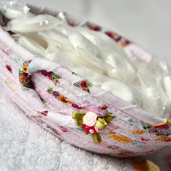 Victorian Rose Candy Dish, Handmade Pink Fabric Basket, Shabby Chic Potpourri Holder, Small Key Bowl, Clip Holder, Unique Gift Basket