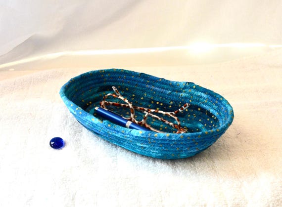 Blue Batik Basket, Unique Oval Key Holder, Handmade Eyeglass Basket, Ear Bud Bowl, Fabric Rope Basket, Gift for Dad Him Men