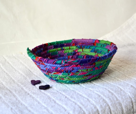 Artisan Key Holder, 1 Handmade Violet Fabric Rope Basket, Desk Candy Bowl, Ring Dish, Gift Basket, Dresser Jewelry Tray, Potpourri Bowl