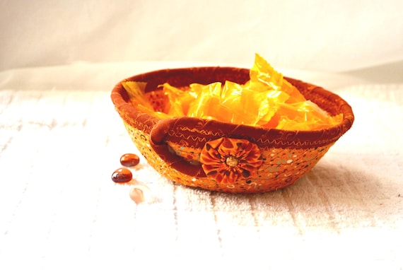 Fall Pumpkin Bowl, 1 Entry Key Holder, Autumn Decor Basket, Handmade Napkin Basket, Artisan Woven Coiled Basket, Fall Fabric Rope Bowl