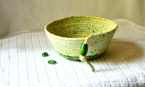 Green Art Basket, Unique Napkin Bin, Handmade Batik Fabric Basket, Lime Cream Fruit Bowl, Country Garden Mail Holder, Remote Control Bin