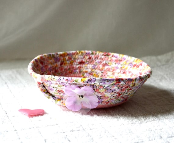 Spring Easter Candy Dish, 1 Handmade Shabby Chic Fabric Basket, Floral Ring Bowl