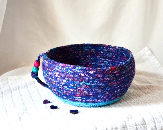 Purple Batik Bowl, Textile Art Basket, Handmade Batik Fabric Rope Basket, Decorative Bath Tissue Holder, Napkin Bin , Bread Basket, Mail Bin