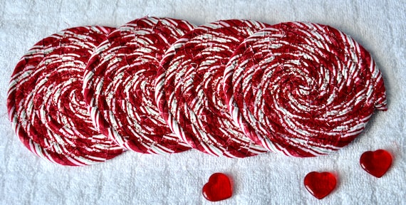 Red Swirl Coaster Set, 4 Christmas Fabric Rope Coasters, 4" Handcrafted Coiled Rope Mug Rugs, Holiday Red Table Mats, Fun Swirl Coasters