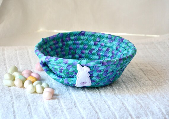Easter Candy Bowl, Aqua Blue Easter Basket, 1 Handmade Bunny Bowl, Whimsical Glitter Fabric Bowl, Purple Key Holder, Small Rope Dish