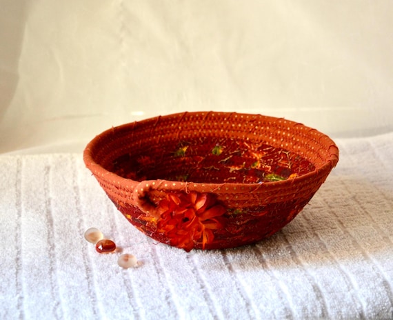 Earthy Red Candy Dish, Country Key Holder, Cottage Change Coin Bowl, Handcrafted Quilted Fabric Rope Basket, Earth Tone Gift Basket